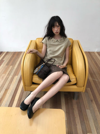 Dorydory Yellow Green Peter Pan Collar Button Raglan Women&