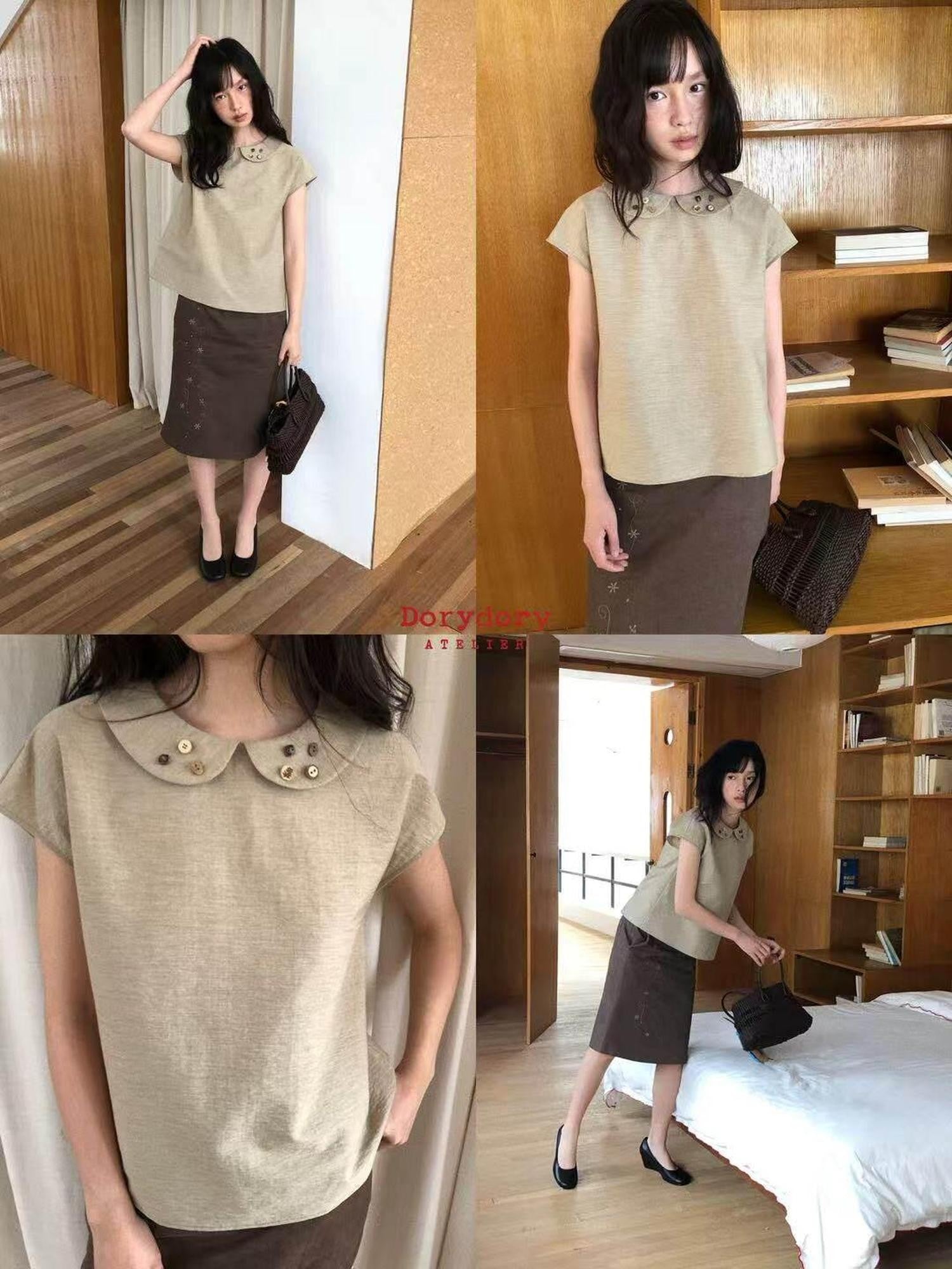 Dorydory Yellow Green Peter Pan Collar Button Raglan Women&