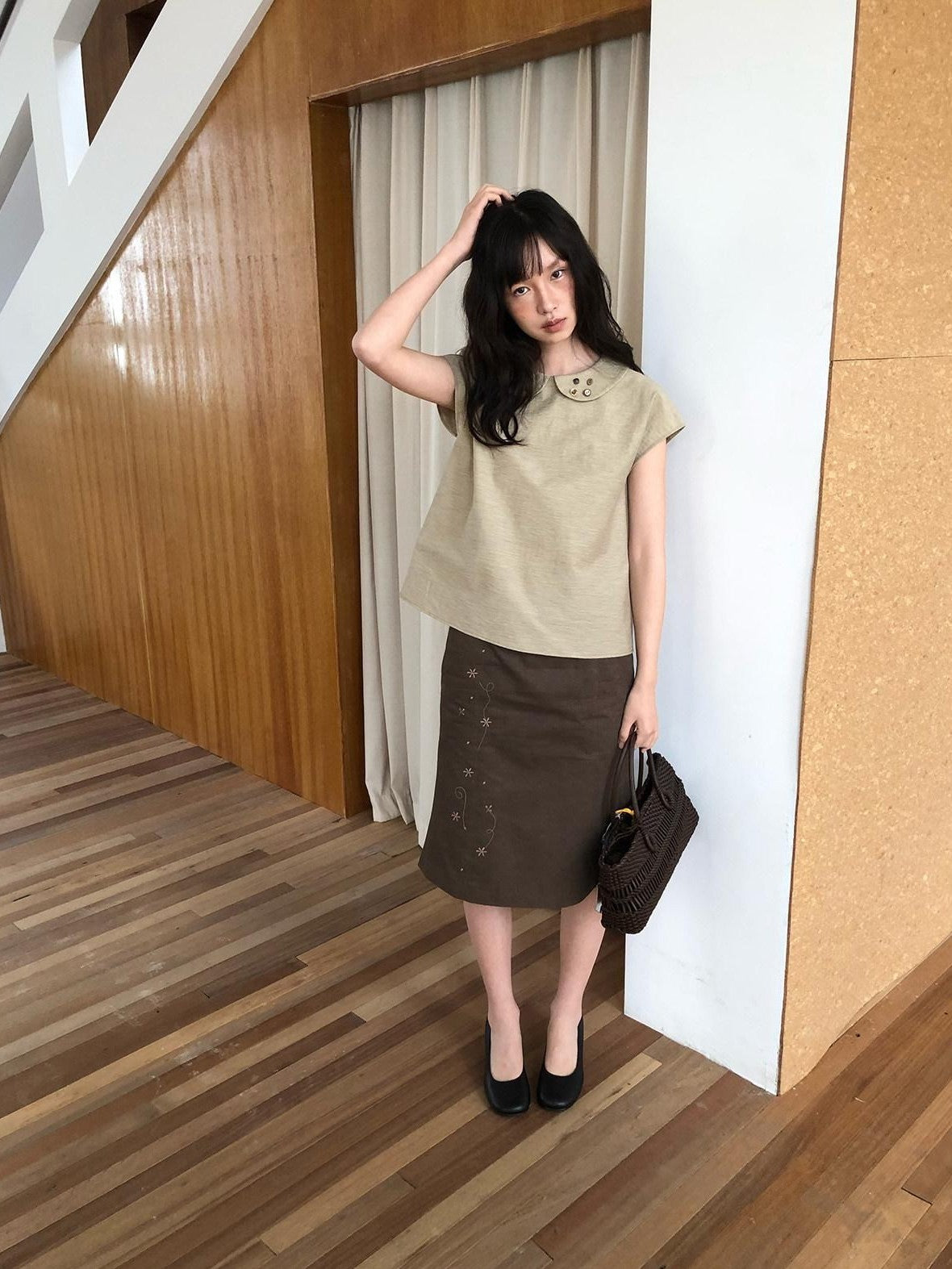 Dorydory Yellow Green Peter Pan Collar Button Raglan Women&