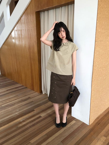Dorydory Yellow Green Peter Pan Collar Button Raglan Women&