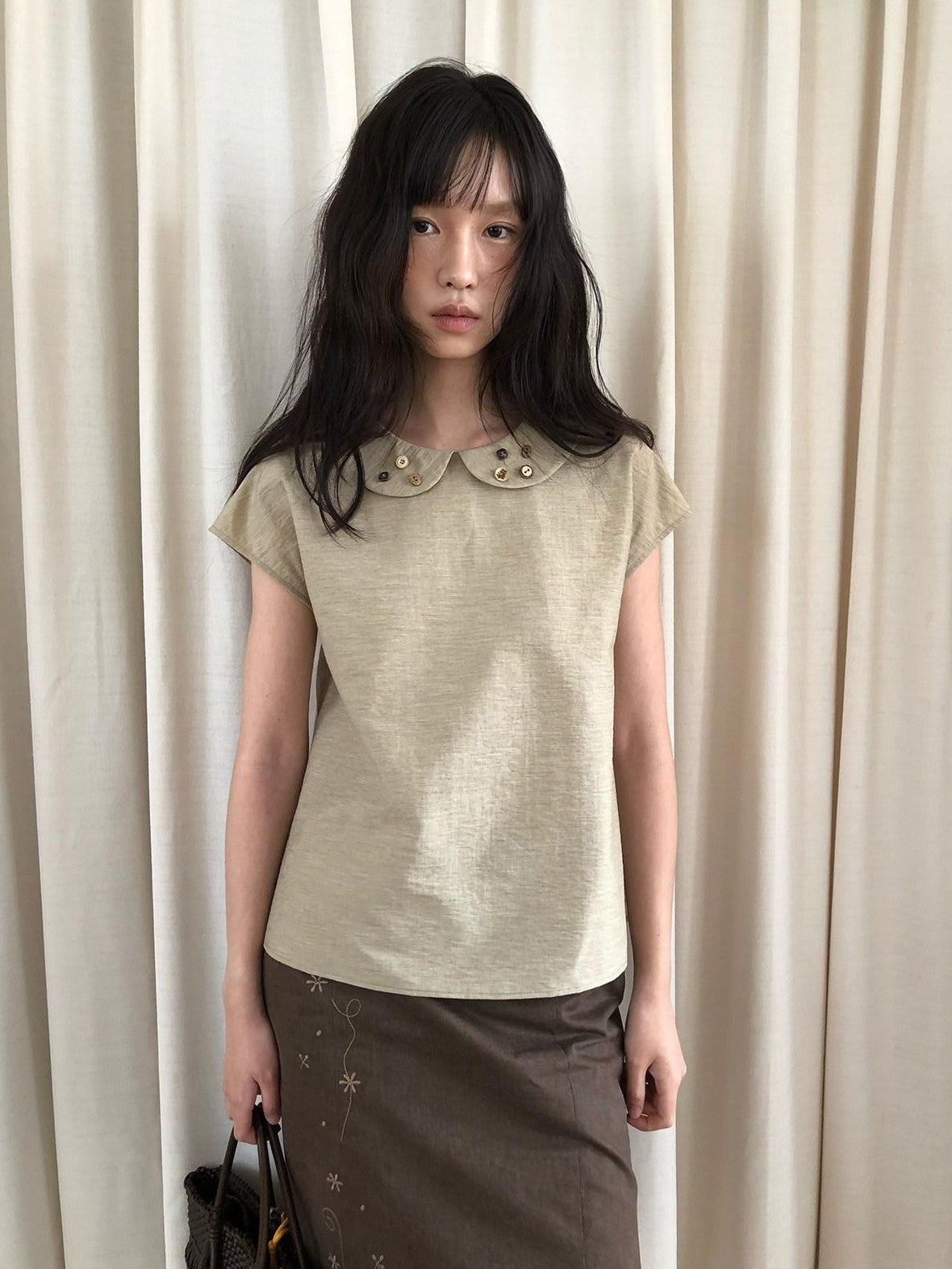 Dorydory Yellow Green Peter Pan Collar Button Raglan Women&