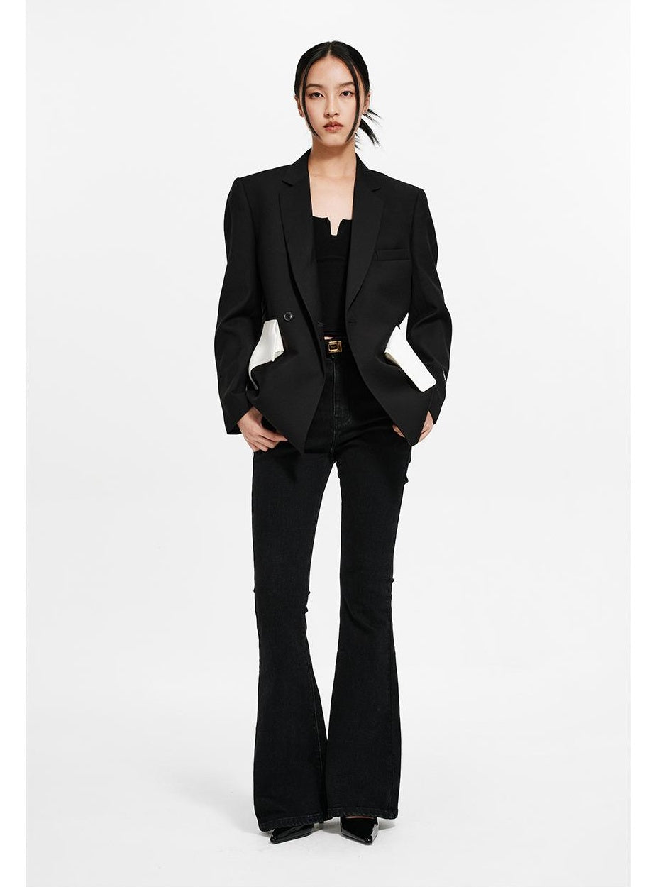 Double-Breasted Blazer with Snap Waistband &amp; Contrast Trim