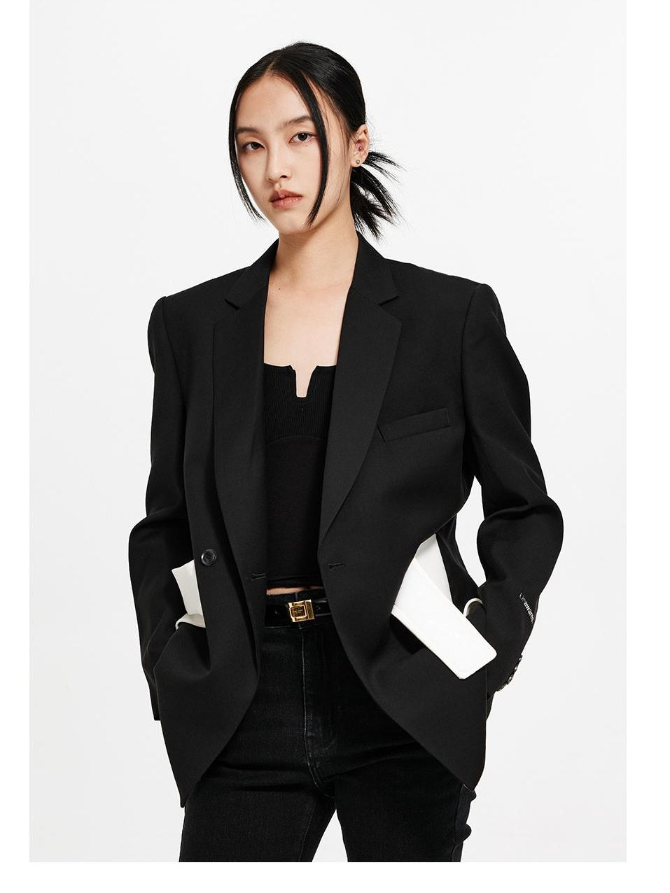 Double-Breasted Blazer with Snap Waistband &amp; Contrast Trim