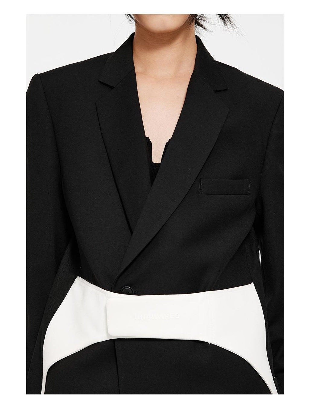 Double-Breasted Blazer with Snap Waistband &amp; Contrast Trim