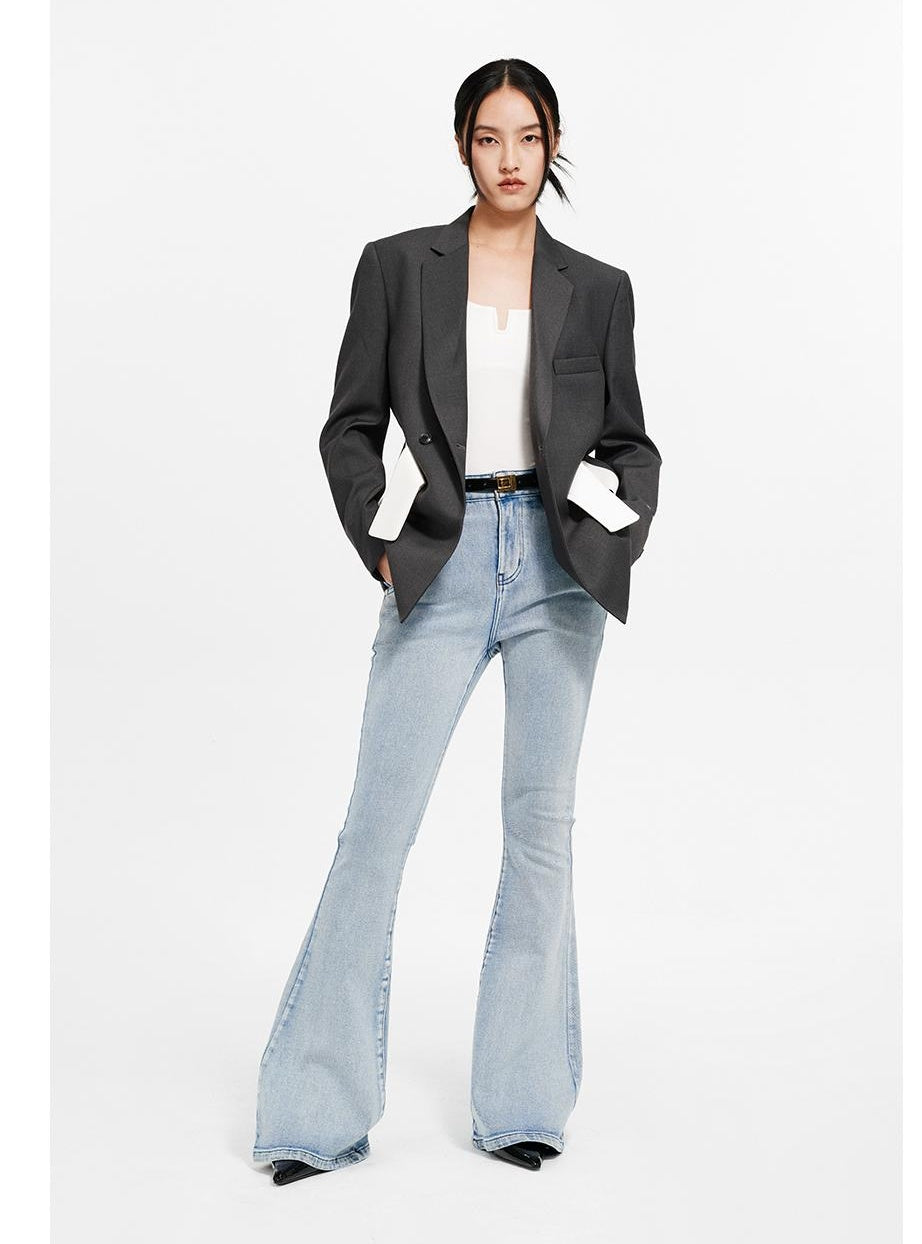 Double-Breasted Blazer with Snap Waistband &amp; Contrast Trim