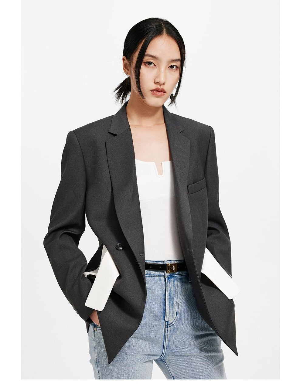 Double-Breasted Blazer with Snap Waistband &amp; Contrast Trim