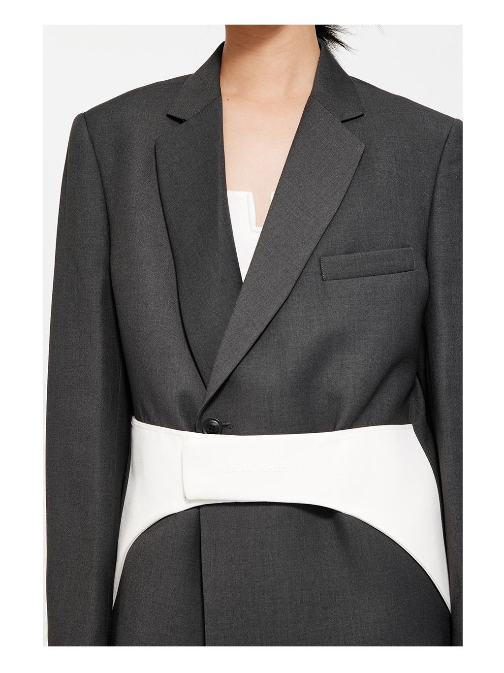 Double-Breasted Blazer with Snap Waistband &amp; Contrast Trim