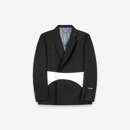 Double-Breasted Blazer with Snap Waistband &amp; Contrast Trim