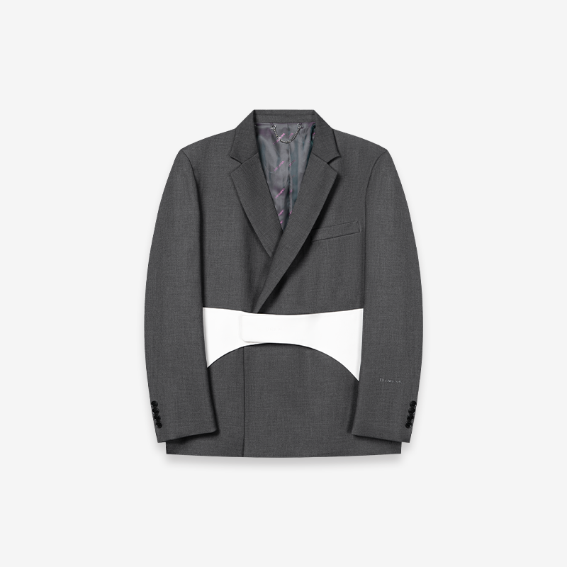 Double-Breasted Blazer with Snap Waistband &amp; Contrast Trim