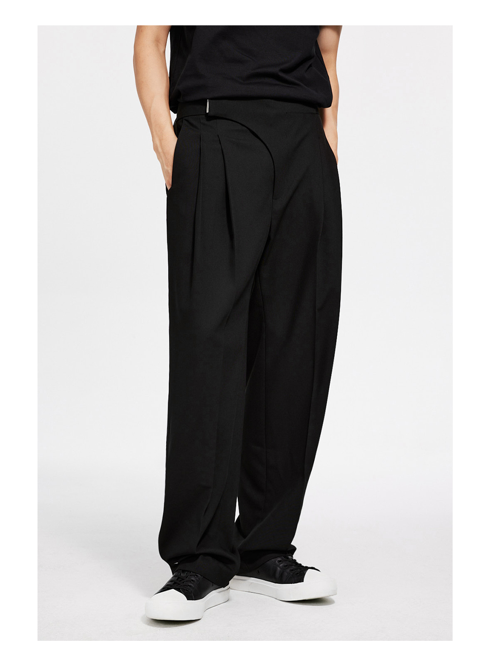 Double-Breasted Pleated Wide-Leg Trousers with Elastic Waist