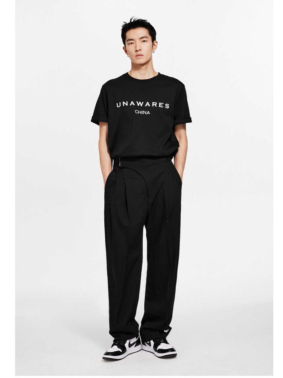 Double-Breasted Pleated Wide-Leg Trousers with Elastic Waist