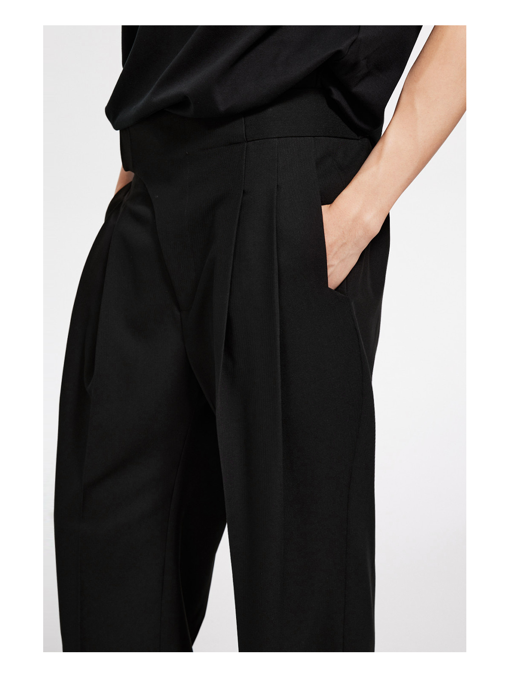 Double-Breasted Pleated Wide-Leg Trousers with Elastic Waist