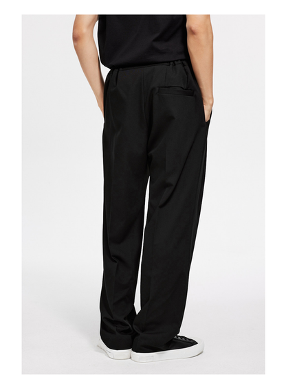 Double-Breasted Pleated Wide-Leg Trousers with Elastic Waist