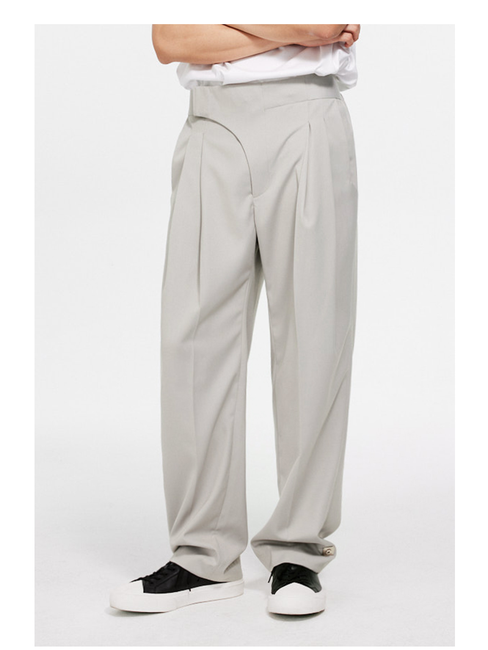 Double-Breasted Pleated Wide-Leg Trousers with Elastic Waist