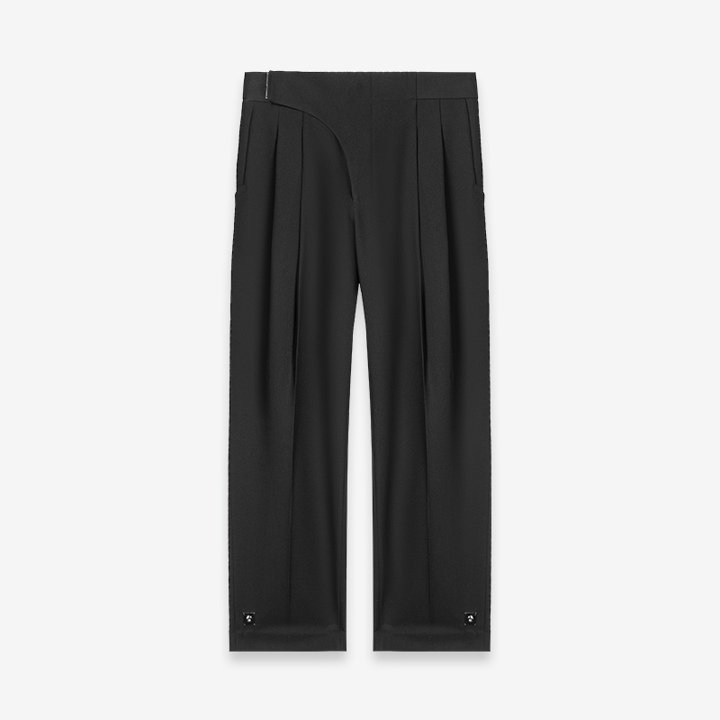 Double-Breasted Pleated Wide-Leg Trousers with Elastic Waist