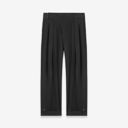 Double-Breasted Pleated Wide-Leg Trousers with Elastic Waist