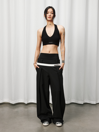 Double-Waist Wide-Leg Tapered Pants with Hook Closure