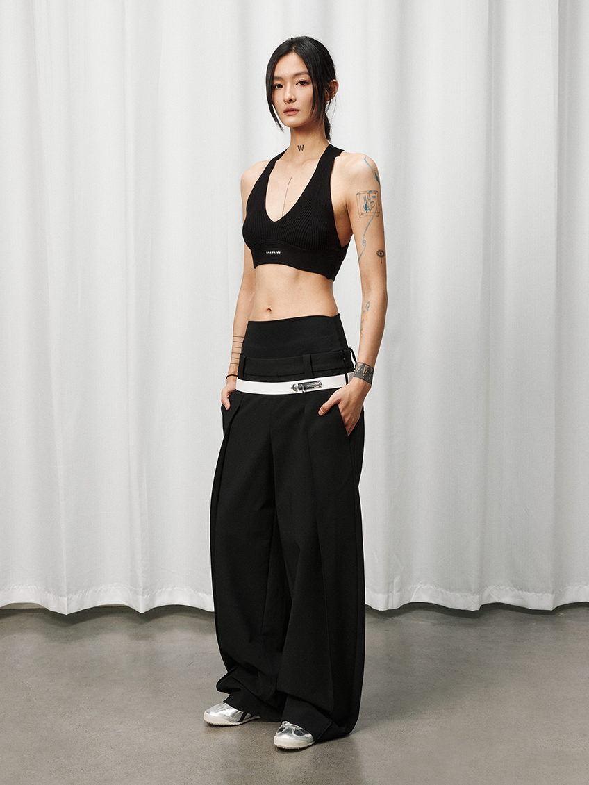 Double-Waist Wide-Leg Tapered Pants with Hook Closure