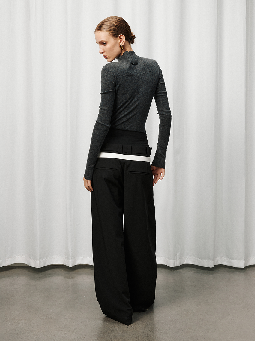 Double-Waist Wide-Leg Tapered Pants with Hook Closure