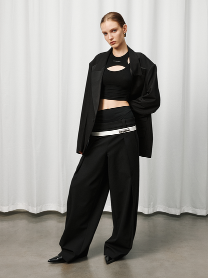 Double-Waist Wide-Leg Tapered Pants with Hook Closure