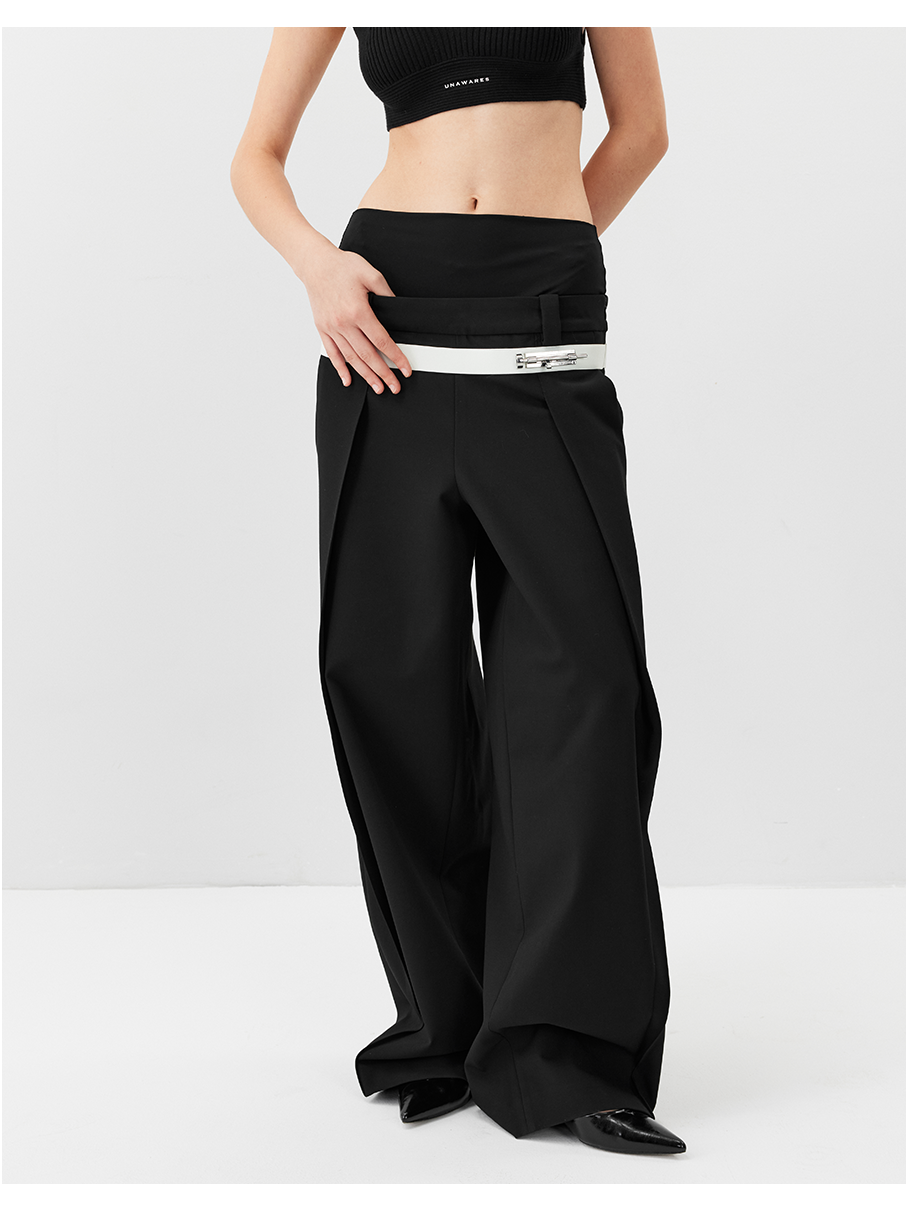 Double-Waist Wide-Leg Tapered Pants with Hook Closure