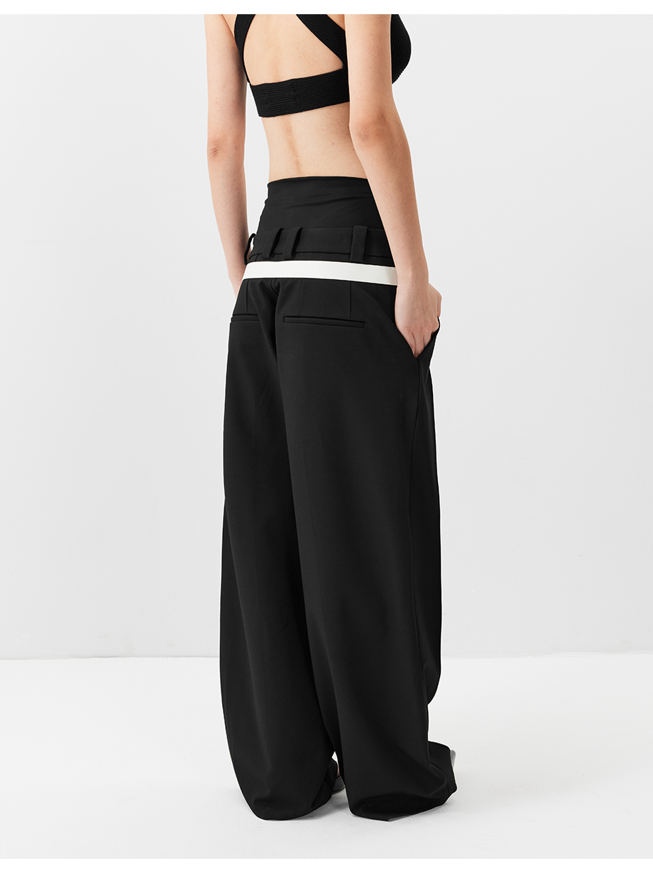 Double-Waist Wide-Leg Tapered Pants with Hook Closure