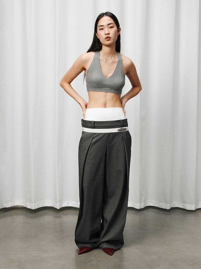 Double-Waist Wide-Leg Tapered Pants with Hook Closure