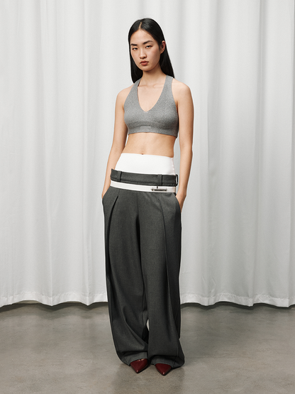 Double-Waist Wide-Leg Tapered Pants with Hook Closure