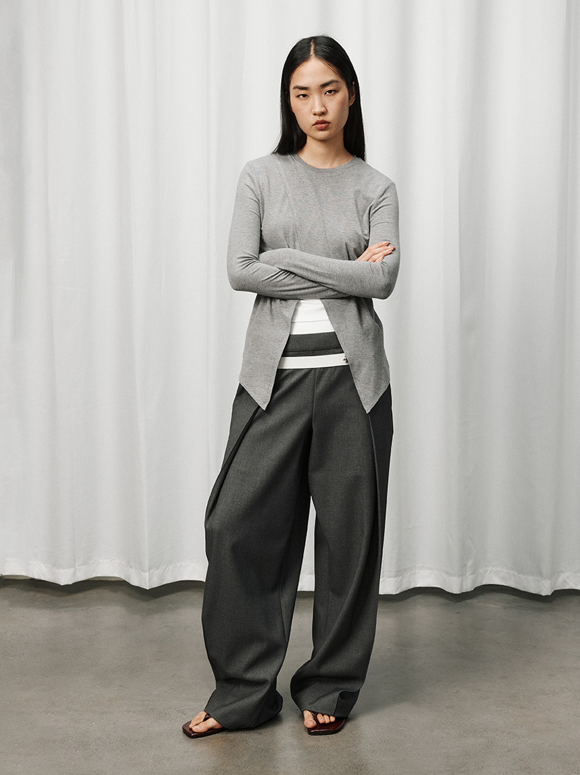 Double-Waist Wide-Leg Tapered Pants with Hook Closure