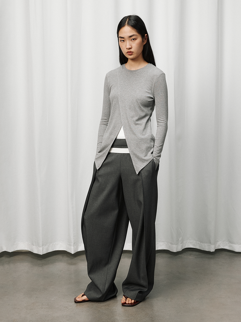 Double-Waist Wide-Leg Tapered Pants with Hook Closure