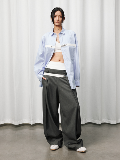 Double-Waist Wide-Leg Tapered Pants with Hook Closure