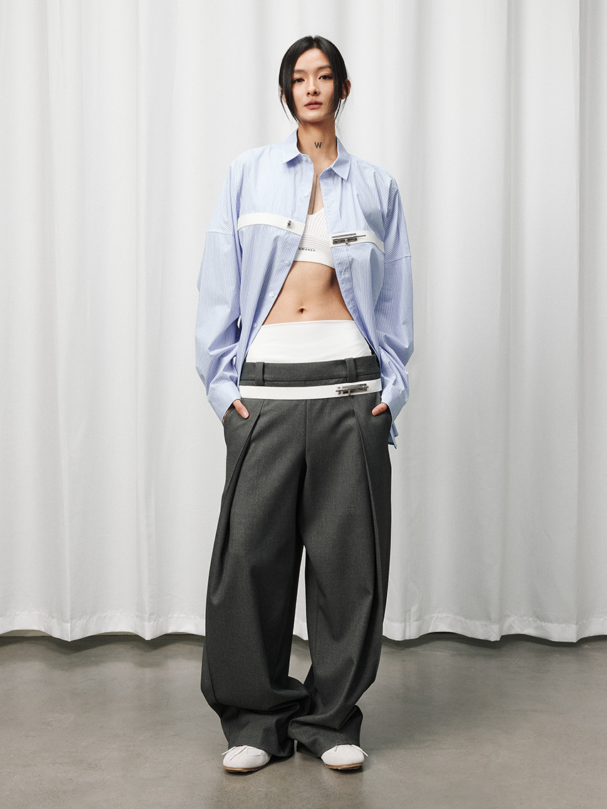 Double-Waist Wide-Leg Tapered Pants with Hook Closure