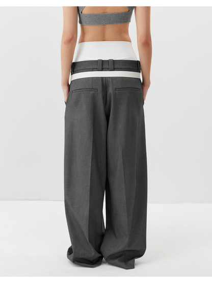 Double-Waist Wide-Leg Tapered Pants with Hook Closure