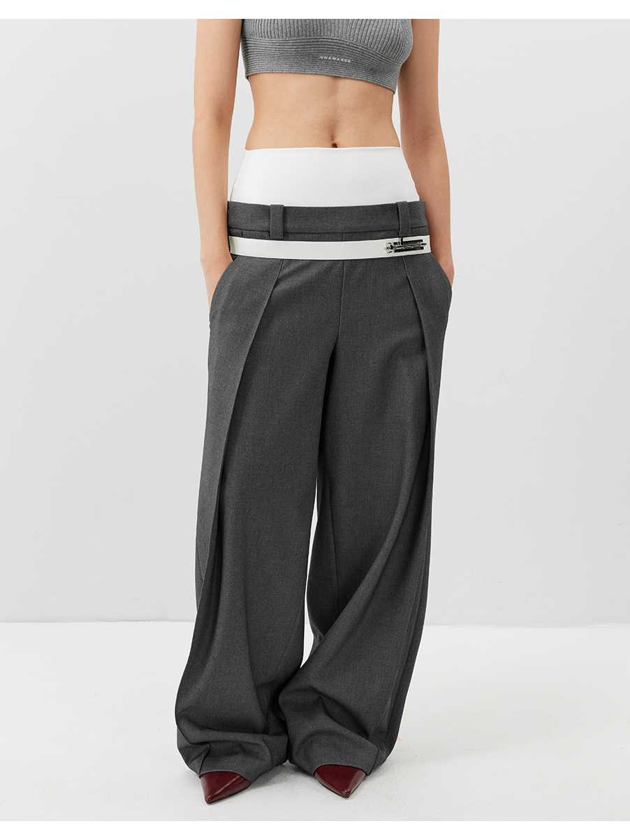 Double-Waist Wide-Leg Tapered Pants with Hook Closure