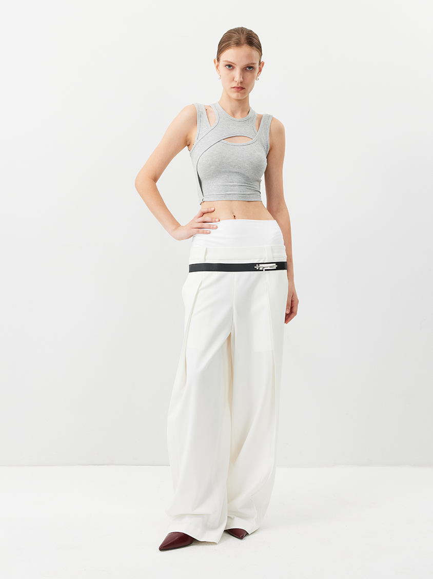 Double-Waist Wide-Leg Tapered Pants with Hook Closure