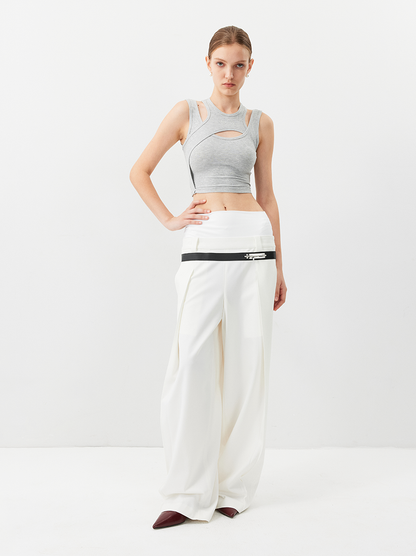 Double-Waist Wide-Leg Tapered Pants with Hook Closure