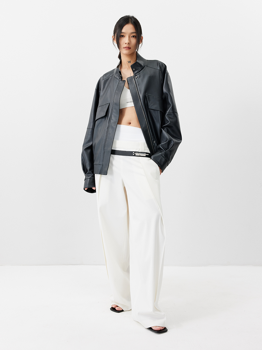 Double-Waist Wide-Leg Tapered Pants with Hook Closure