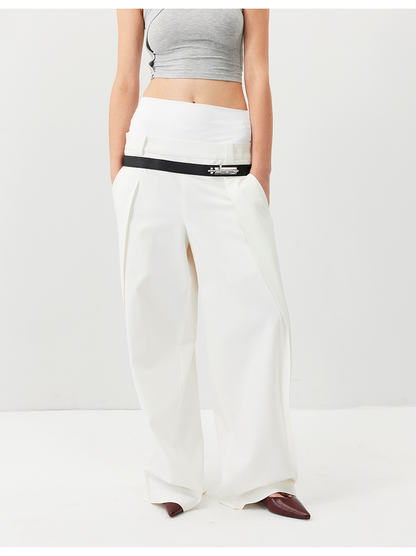 Double-Waist Wide-Leg Tapered Pants with Hook Closure