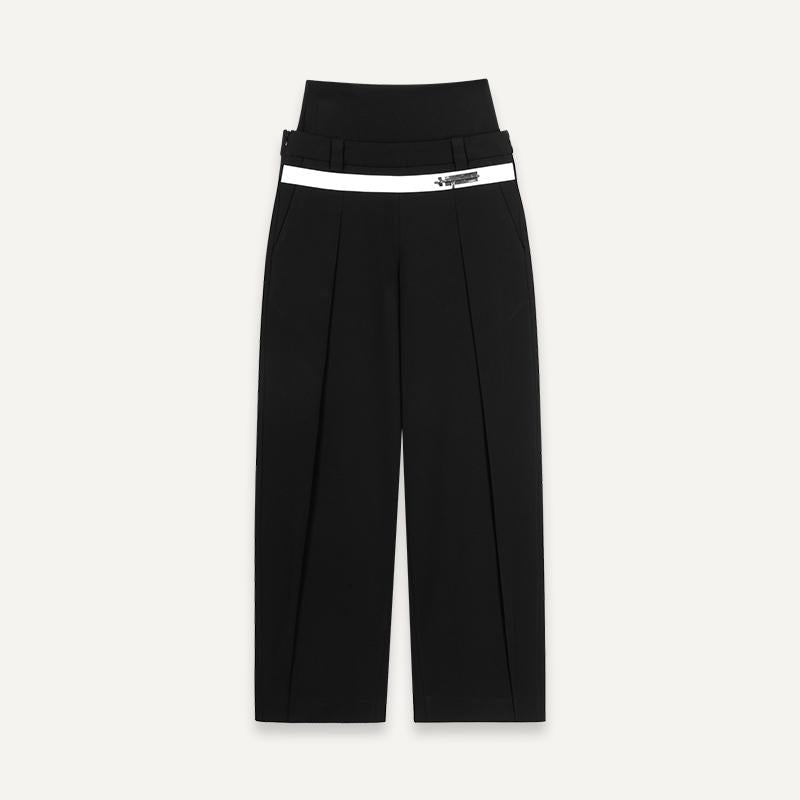 Double-Waist Wide-Leg Tapered Pants with Hook Closure