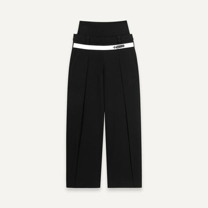 Double-Waist Wide-Leg Tapered Pants with Hook Closure