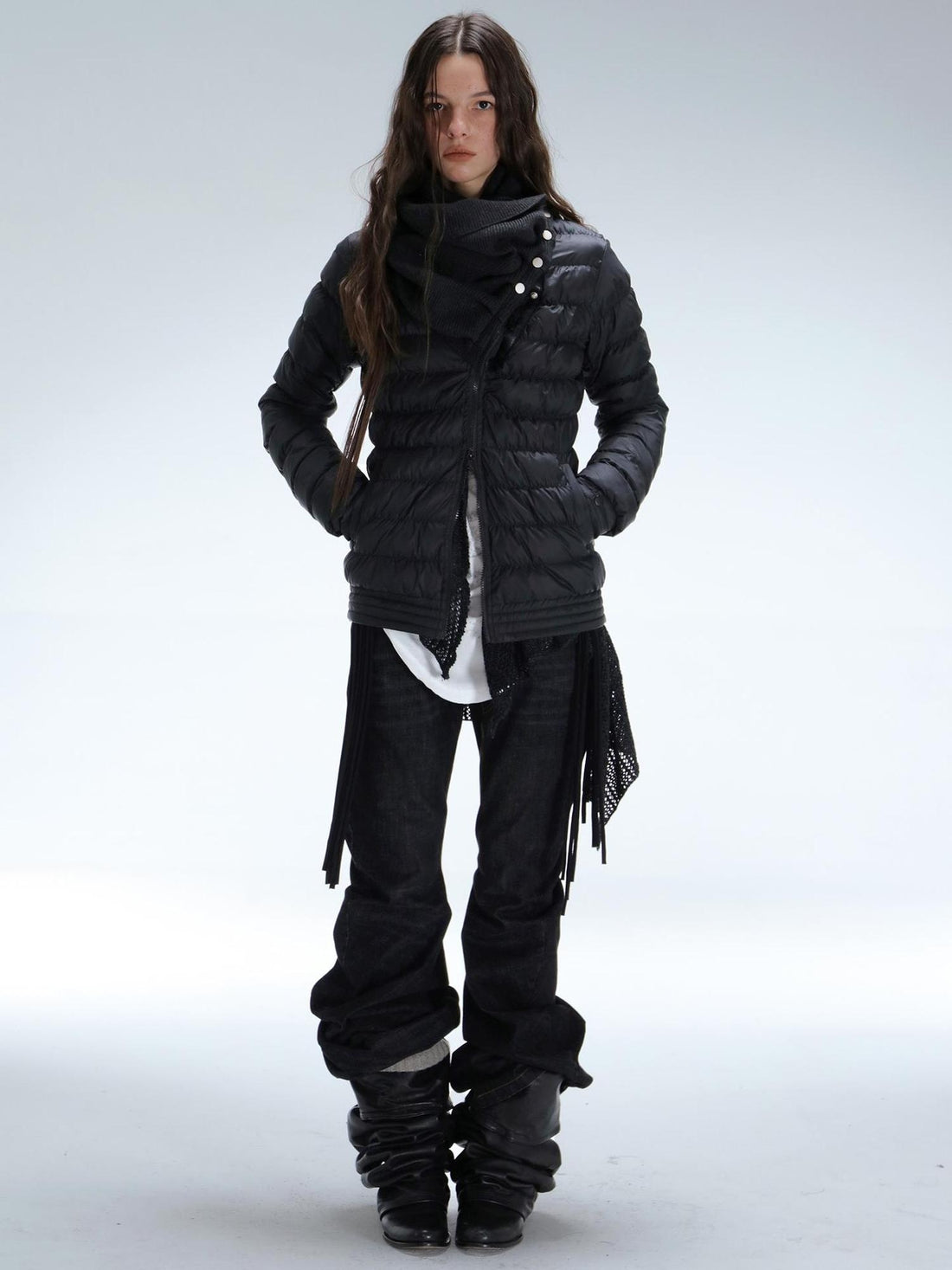 DoublePunch 90 Percent White Duck Down Slim Spliced Vintage Women Nylon Cropped Down Jacket