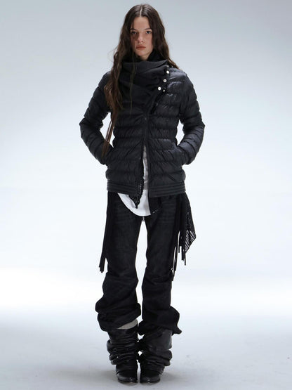 DoublePunch 90 Percent White Duck Down Slim Spliced Vintage Women Nylon Cropped Down Jacket