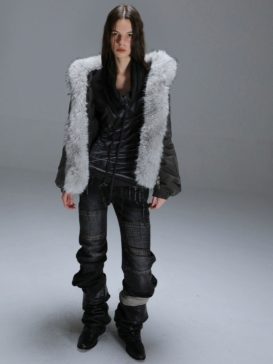 DoublePunch 90 White Duck Down 482Fp Warm Punk Lace Loose Women Insulated Down Jacket