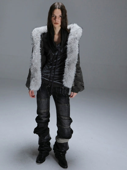 DoublePunch 90 White Duck Down 482Fp Warm Punk Lace Loose Women Insulated Down Jacket