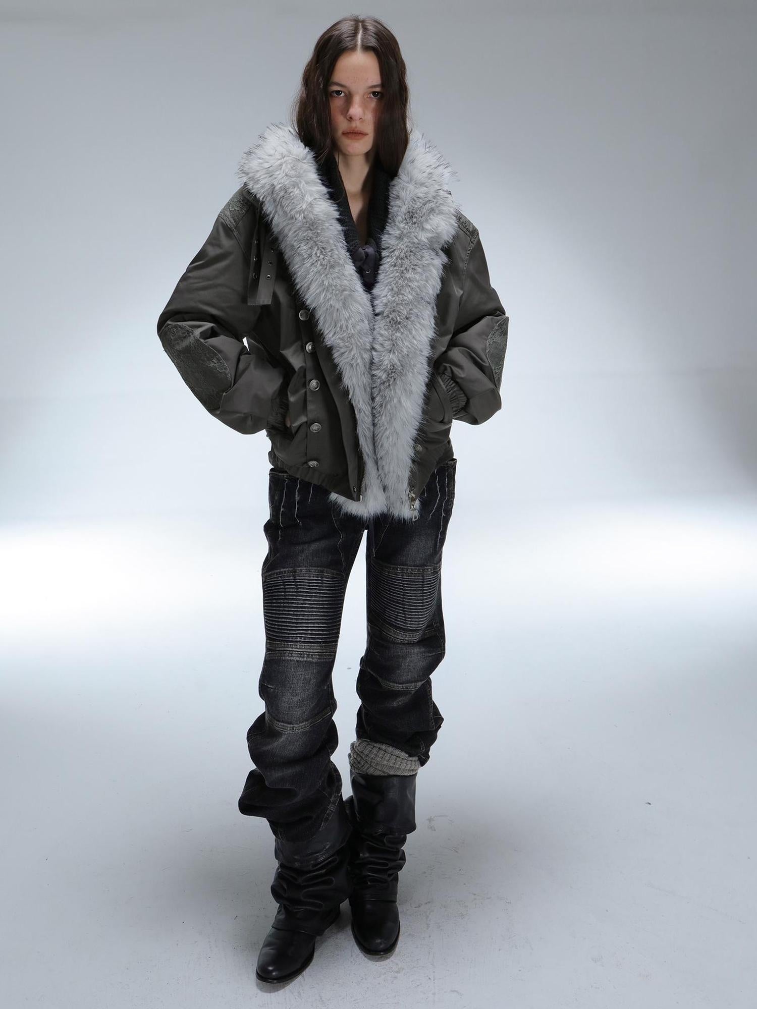 DoublePunch 90 White Duck Down 482Fp Warm Punk Lace Loose Women Insulated Down Jacket