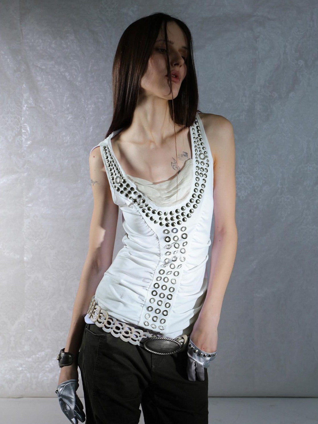 DoublePunch Armor Inspired Studded Ruched Hooded Racerback Slim Women&
