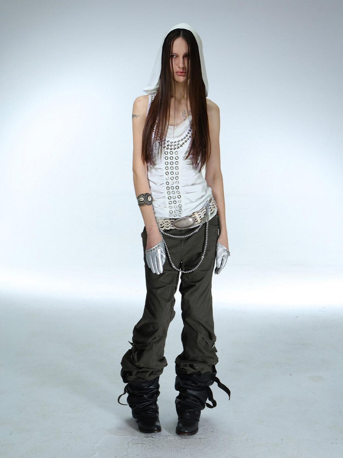 DoublePunch Armor Inspired Studded Ruched Hooded Racerback Slim Women&