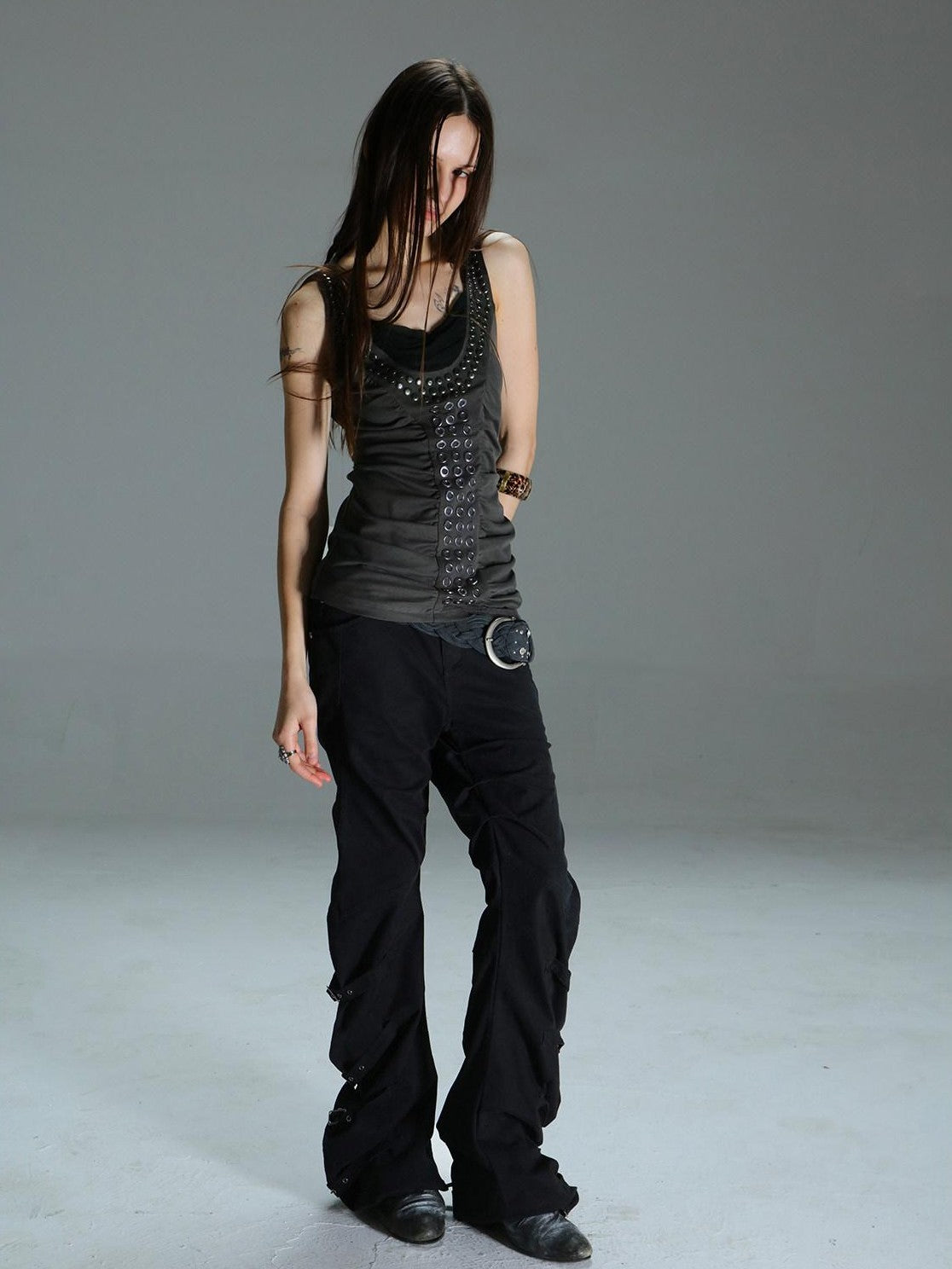 DoublePunch Armor Inspired Studded Ruched Hooded Racerback Slim Women&