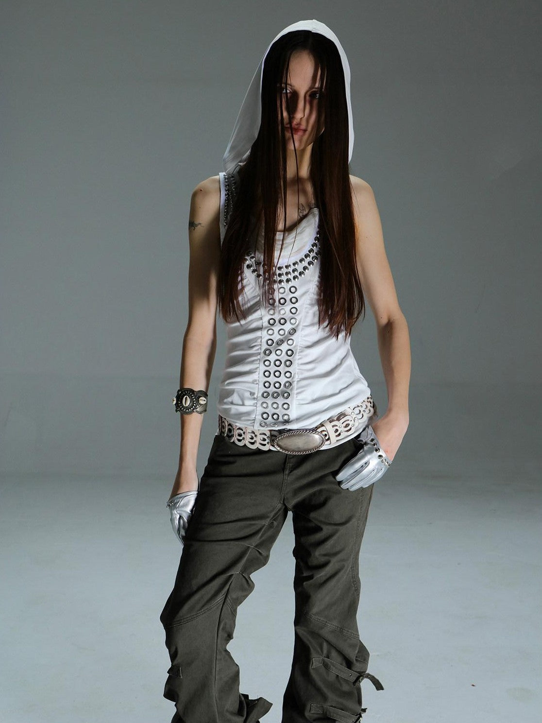 DoublePunch Armor Inspired Studded Ruched Hooded Racerback Slim Women&