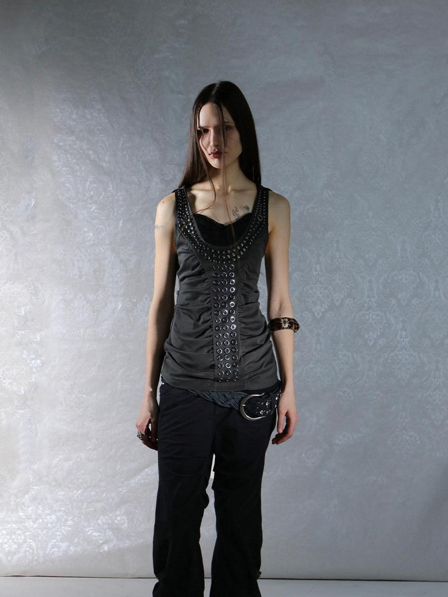DoublePunch Armor Inspired Studded Ruched Hooded Racerback Slim Women&